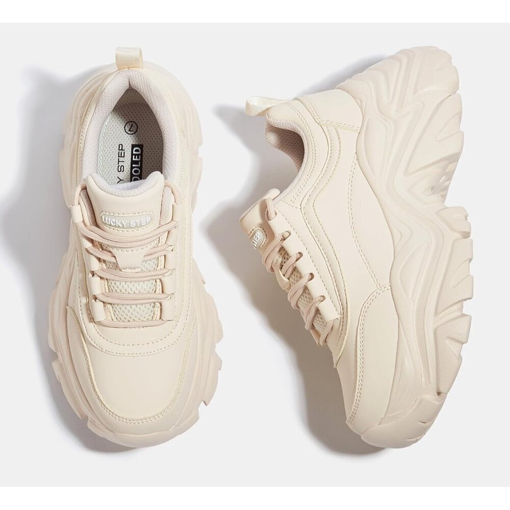 Lucky Step Women Beige Rhinestone Lace Up Chunky Dad Casual Walking Sneakers - Picture 6 of 9